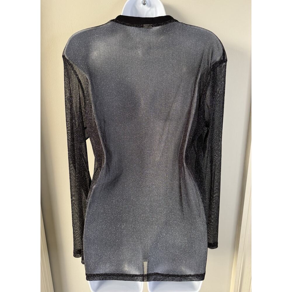 Sheer Shimmer Mesh Long Sleeve Top Womens M Black Oversized Crew EDM Rave Y2K - Picture 3 of 11